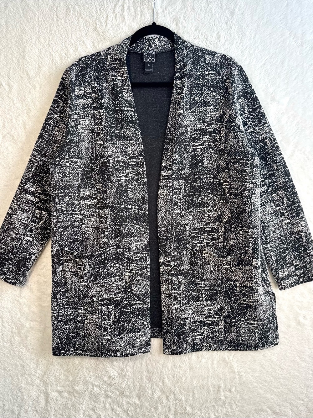 Clara Sun Woo Tweed Cardigan Women's XL Black Open Front Classic Minimalist USA